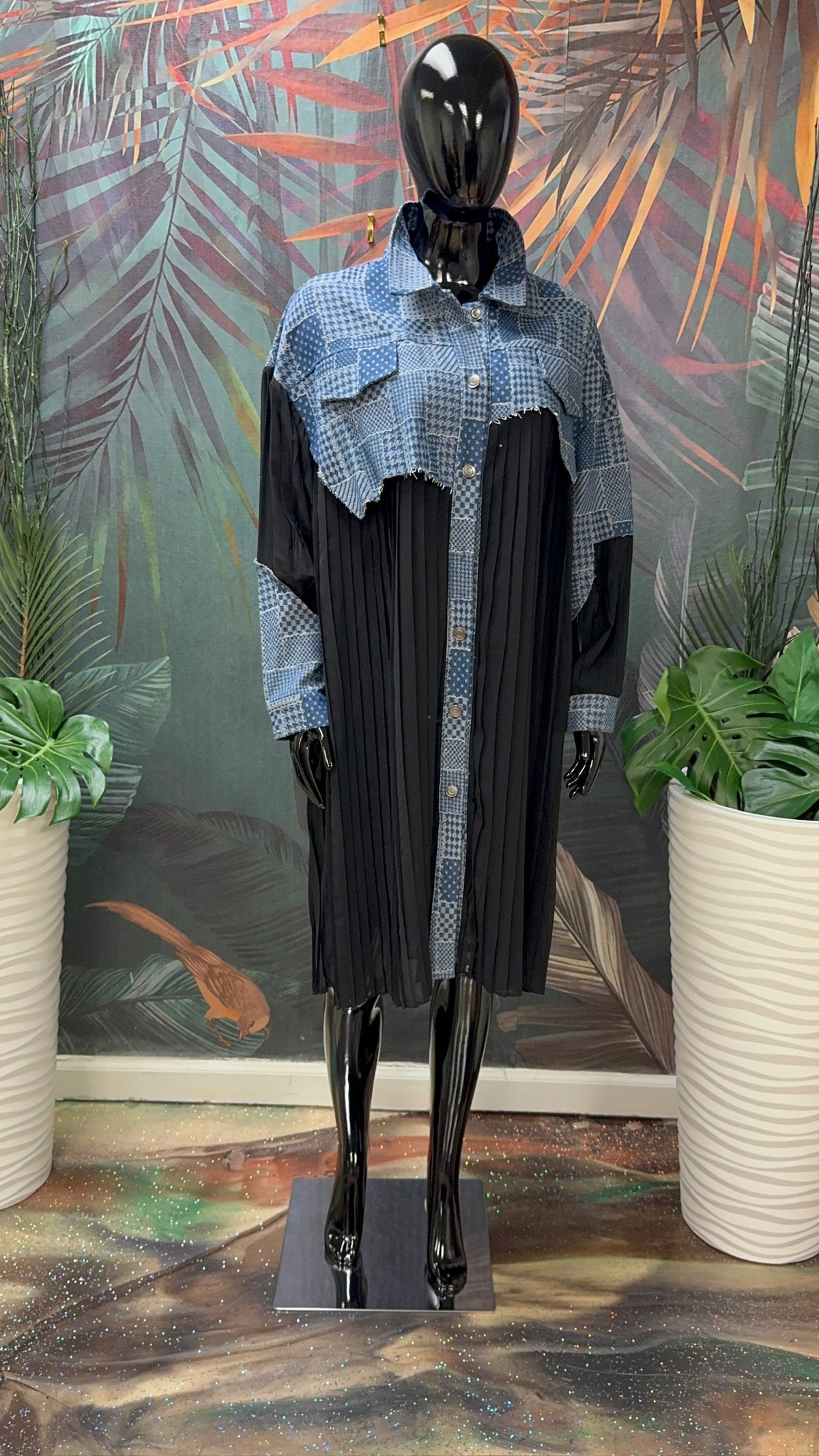 Pleated Patchwork Denim Dress